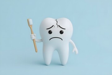 Cartoon tooth with a crack, holding a toothbrush, looking sad against a light blue background