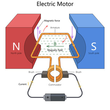 magnetic interaction in an electric motor, including armature, magnetic field, and commutator hand drawn schematic raster illustration. Science educational illustration