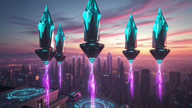 Futuristic cityscape with floating crystal structures energy beams and urban skyline at sunset - Powered by Adobe
