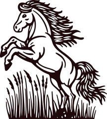 Fototapeta premium Wild rearing horse silhouette with flowing mane and tail in grassy field, vintage engraved monochrome illustration