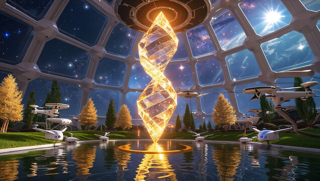 Futuristic interior showcasing a dazzling illuminated crystal structure and hovering drones against an outer space panorama