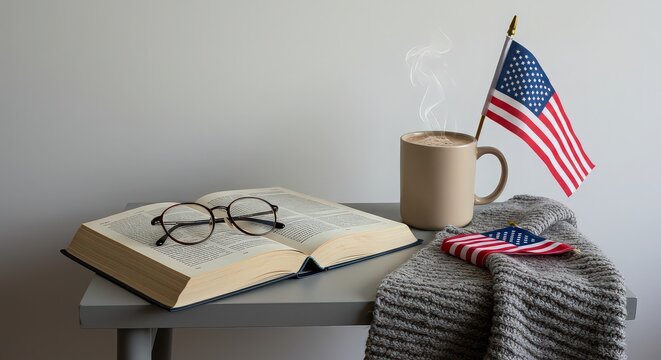 A still life featuring an open book glasses coffee mug and american flags on a gray surface