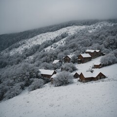 Write about a hillside blanketed in snow, where the silence feels thick and every sound is hushed