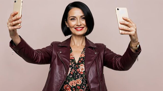 Woman takes selfie with two smartphones. Caucasian female capturing picture or video with dual mobile phones footage.