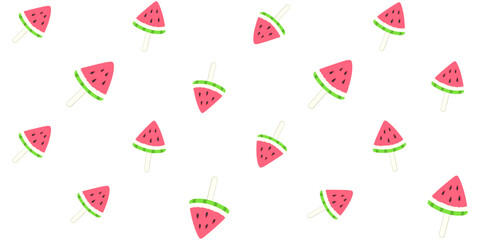 Red watermelon slices on a stick on a white background. Fruit pieces. Summer endless texture with watermelon-shaped popsicles. Vector seamless pattern for wrapping paper, packaging, giftwrap, printing