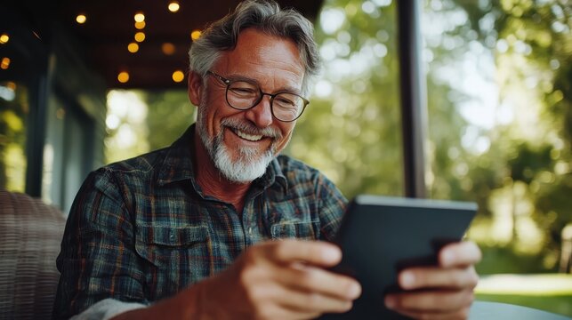 This heartwarming image features a senior man smiling while using a tablet, highlighting the connection between technology and modern life for older generations.
