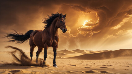 Majestic brown horse galloping through desert landscape with stunning sunlit sky in a beautiful composition