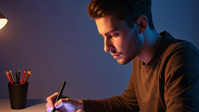 Man graphic designer drawing on tablet with stylus pen. Creative artist working in home office at night on digital art design footage.