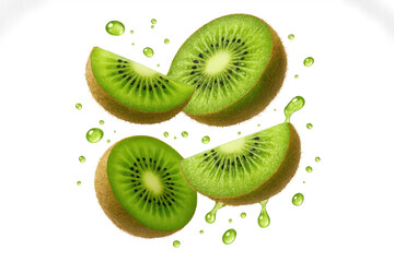 Juicy kiwi fruit slices isolated on transparent background with juice drops