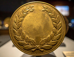 Aged, golden medallion featuring an olive wreath a symbol of triumph, success, and victory. Use for concepts of awards, achievement, history, or recognition.