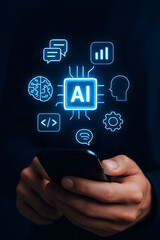 Hand using smartphone with glowing AI interface for automation, chat, and coding