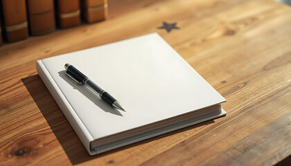 A4 sketchpad, black fountain pen, wooden table, bookshelves in the background, natural lighting, minimalist, clean, cozy workspace, still life, detailed, photorealistic, 4K and HD
