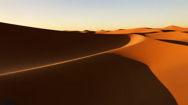 Rolling desert sand dunes under a clear sky. Abstract landscape with natural curves. Nature backdrop. Moving footage.