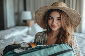 Preparing a suitcase for a summer vacation trip. Young woman checking accessories and items in her luggage on the bed before traveling, Generative AI