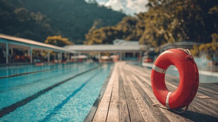 Vibrant Life Preserver Resting on Rustic Wooden Dock Surrounded by Calm Waters and Lush Greenery Evoking a Sense of Safety and Tranquility Outdoors