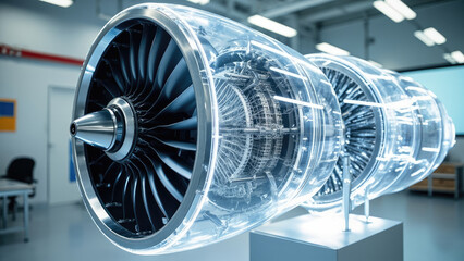 Transparent airplane engine turbine technology showcase