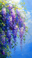 Obraz premium Blooming wisteria cascades against bright blue sky, purple and blue flowers hanging in clusters amid green foliage, oil painting style artwork with textured brushstrokes.