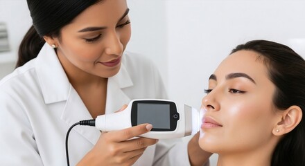 Dermatologist using a skin scanner on a woman's face. Professional cosmetology analysis and diagnosis in a clinic. Modern hardware technology for beauty and health