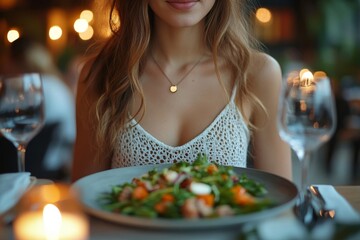 Intermittent fasting concept, close-up of young woman dieting, waiting for meal time during her ketogenic low-carb diet, with green vegetable salad on plate for first meal, Generative AI