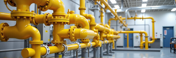 Industrial pipes system with yellow painted metal tubes. Piping system includes many metallic tubes and connections.  Detailed image of industrial piping for engineering, manufacturing,
