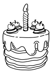 Birthday cake in cartoon format or line drawing.