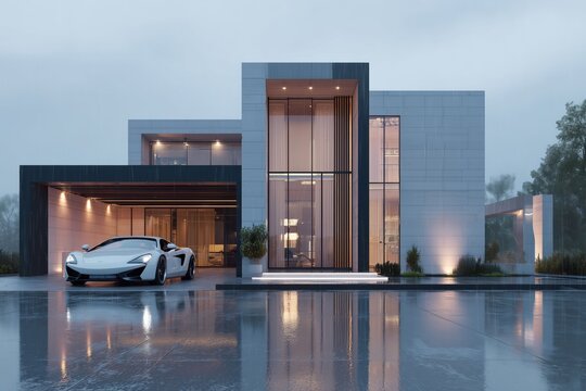 A white modern house with glass windows and door, car parked in the courtyard on a rainy day with a dark grey sky