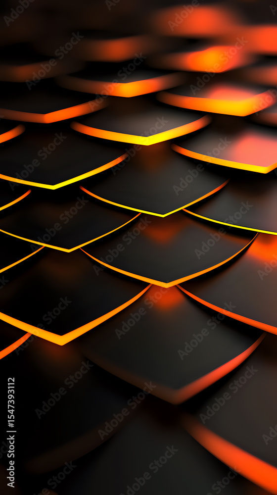 Poster abstract geometric pattern of black rhomboid shapes with glowing orange and yellow edges creating dy