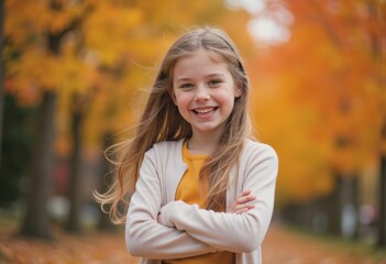 Obraz premium Girl with a wide smile and sparkling eyes in a vibrant autumn setting