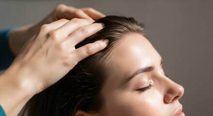Woman getting a relaxing head and scalp massage at a spa salon. Hair care treatment for wellness and hair growth. Cosmetology and trichology procedure for relaxation