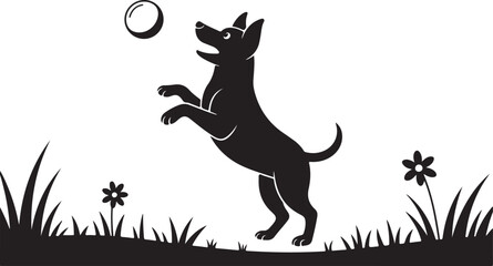 Dog Silhouette Vector Illustration Playing Art Black and White Style