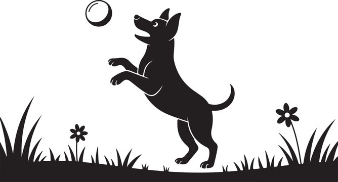 Dog Silhouette Vector Illustration Playing Art Black and White Style