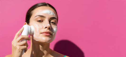 Woman using an electric facial brush with foam for cleansing. Skincare routine on a pink background. Modern beauty gadget with copy space for advertising