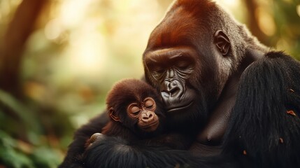 This touching image captures a loving moment of a gorilla and her baby, showcasing the beauty of wildlife and the bond between mother and child in their natural setting.