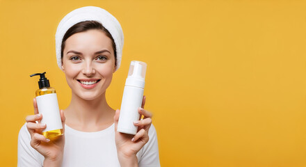 Happy woman in a towel showing cleanser and foam bottles. Smiling girl advertising beauty products for skincare routine on a yellow background with copy space
