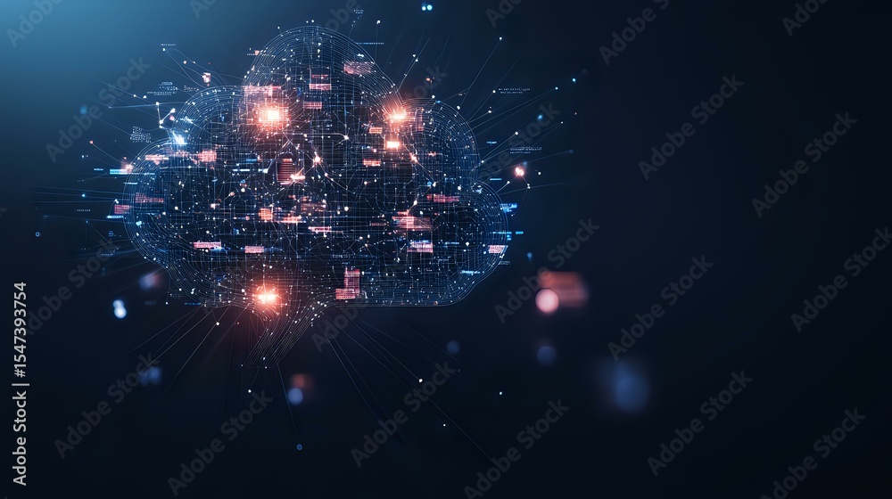 Poster glowing network nodes connected by digital lines form complex data visualization structure against d