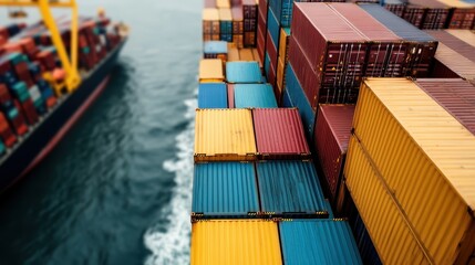 Fototapeta premium This mesmerizing image displays rows of colorful shipping containers stacked on a cargo ship, illustrating the global trade, logistics, and transport industry in motion.