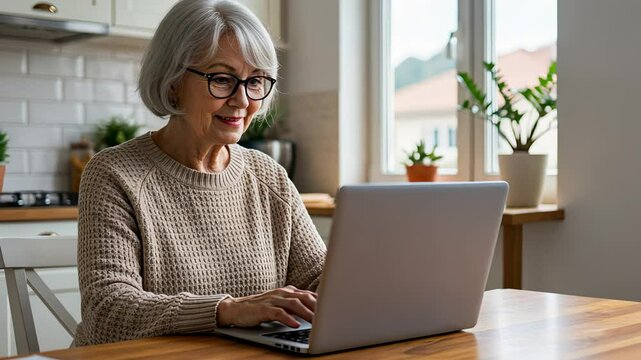 Mature woman typing on laptop in kitchen. Senior lady working online from home. Remote work older generation concept. Footage.