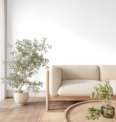 Transparent wall living room interior PNG mockup with close-up beige sofa, olive tree and round...
