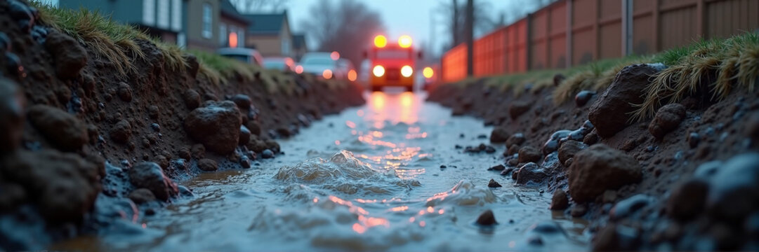 Storm water drainage system overflowing in residential area. Rapid water flow in urban drainage ditch. Flooding and water damage concept image for news, insurance or environmental reports.