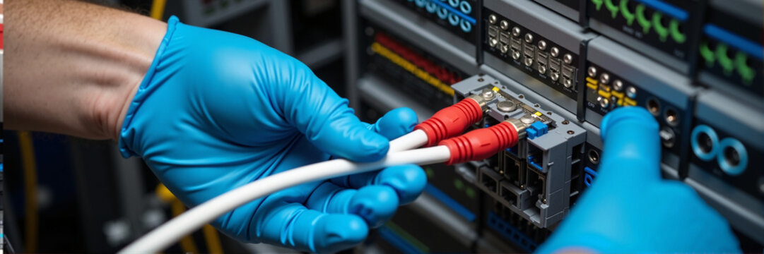 Technician hands in blue gloves connecting network cables to server rack. Network administrator installing fiber optic cables into data center equipment.