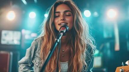 A female singer is passionately performing live with a microphone, surrounded by captivating stage lights, illustrating the power of music and connection with the audience.