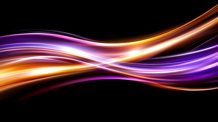 Glowing orange and purple light waves intertwine on black background creating dynamic flowing motion effect, suitable for abstract technology designs and presentations.