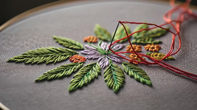 Close up of an embroidery hoop with needle and red thread working on stitched plant pattern, handicraft hobby footage.
