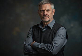 Man with narrowed eyes and pursed lips, exuding confidence and intensity