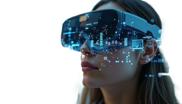 Woman wearing futuristic augmented reality glasses looking into a virtual world