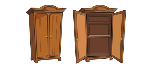 Classic Wooden Armoire Closed and Open Illustration