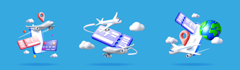 Three 3d illustrations displaying air travel concepts with planes, tickets, credit card, map pin, smartphone and planet earth on blue backdrop.