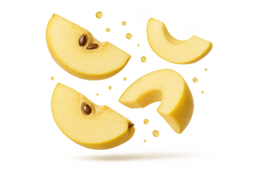 Golden delicious apple slices isolated on a transparent background, fresh fruit