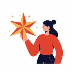 Young woman holding colorful star decoration with smile  