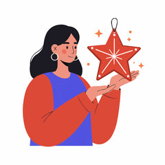 Young woman holding red Christmas star decoration with joy  
